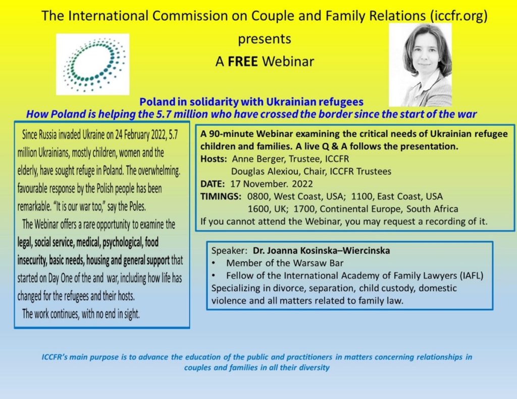 Flyer to promote the ICCFR free webinar that took place on 17 November 2022, entitled "Poland in solidarity with Ukrainian refugees"